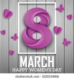 Happy international women's day greeting card with number purple eight in square frame and butterflies on wood background