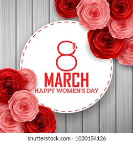 Happy international women's day greeting card with roses flower and round frame on wooden texture background