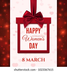 Happy  International Womens Day greeting card template.   March 8 brochure, poster or banner with red ribbon and bow in form of gift, on abstract background. Vector illustration. 