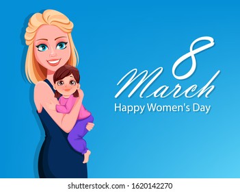 Happy International Women's Day greeting card. Mother and little daughter. Usable for Mother's day. Vector illustration