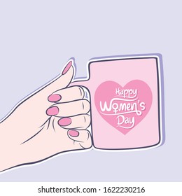 Happy International women's day greeting card design, women hold cup in hand design