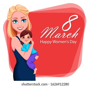 Happy International Women's Day greeting card. Beautiful mother holding her little daughter. Usable for Mother's day. Vector illustration