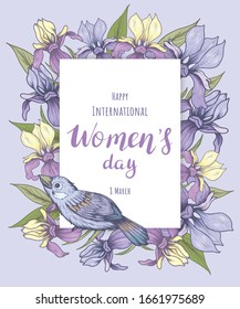 Happy International Women's Day. Greeting card with purple flowers and a bird