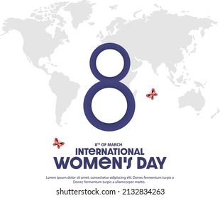 Happy International Women's Day Greeting Card. March 8. Map with number eight and butterflies.