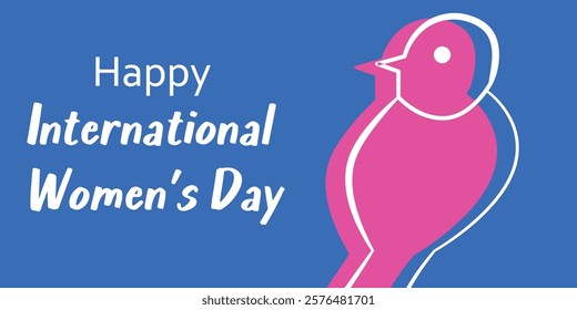 Happy International Women's Day Greeting with Pink Bird and Blue Background. Celebrate International Women's Day with a vibrant illustration of a pink bird, representing creativity and empowerment