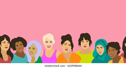 Happy International Women's Day horizontal banner. Girls of different ages and nationaloties. Sisterhood concept. On pink background.