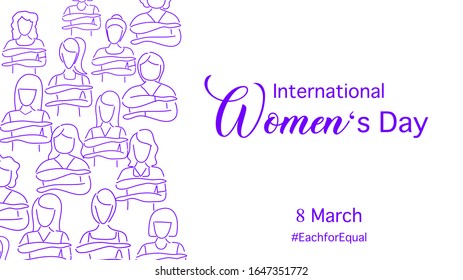 Happy international women's day with March 8, 2020 them : Each for Equal.  Many women do the each for equal symbol. Purple line art. Vector illustration , flat design