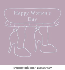 Happy International Women's Day. March 8. Spring mood. Vector templates for card, poster, flyer. Woman in high heel shoes in a dress. Nameplate.