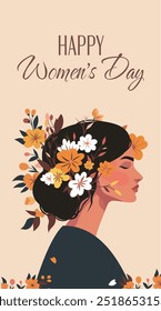 Happy International Women's Day. March 8 vector spring holiday banner, girl in flowers with text Happy Women's Day. Feminism concept, women empowerment, gender equality