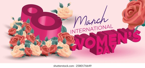 Happy International Women's Day March 8 Banner Vibrant Floral Design for Celebrating Women and Equality. Colorful Women's Day Wishes Background, Greeting Card, Web, Flyer, 8th March Holiday Concept