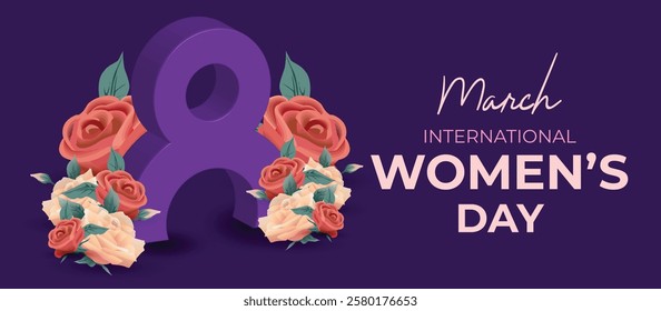 Happy International Women's Day March 8 Banner Vibrant Floral Design for Celebrating Women and Equality. Colorful Women's Day Wishes Background, Greeting Card, Web, Flyer, 8th March Holiday Concept