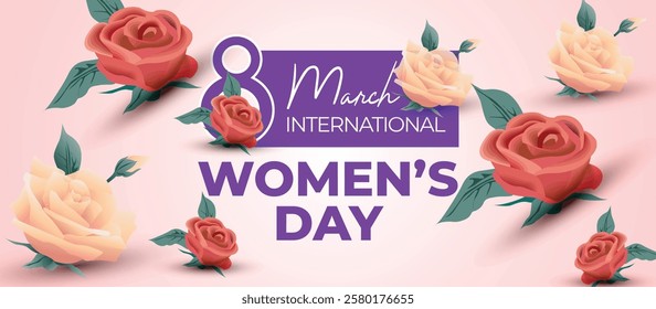 Happy International Women's Day March 8 Banner Vibrant Floral Design for Celebrating Women and Equality. Colorful Women's Day Wishes Background, Greeting Card, Web, Flyer, 8th March Holiday Concept