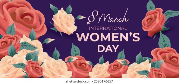 Happy International Women's Day March 8 Banner Vibrant Floral Design for Celebrating Women and Equality. Colorful Women's Day Wishes Background, Greeting Card, Web, Flyer, 8th March Holiday Concept