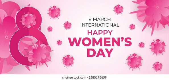 Happy International Women's Day March 8 Banner Vibrant Floral Design for Celebrating Women and Equality. Colorful Women's Day Wishes Background, Greeting Card, Web, Flyer, 8th March Holiday Concept