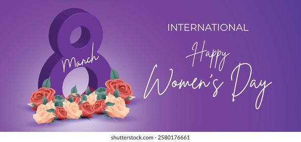 Happy International Women's Day March 8 Banner Vibrant Floral Design for Celebrating Women and Equality. Colorful Women's Day Wishes Background, Greeting Card, Web, Flyer, 8th March Holiday Concept