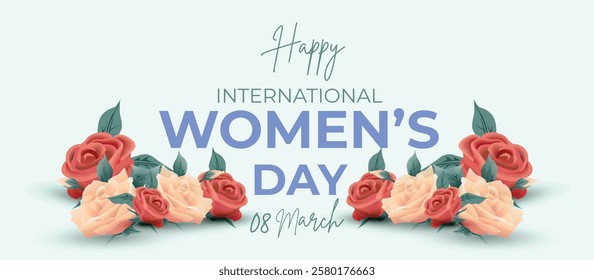 Happy International Women's Day March 8 Banner Vibrant Floral Design for Celebrating Women and Equality. Colorful Women's Day Wishes Background, Greeting Card, Web, Flyer, 8th March Holiday Concept