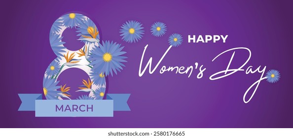 Happy International Women's Day March 8 Banner Vibrant Floral Design for Celebrating Women and Equality. Colorful Women's Day Wishes Background, Greeting Card, Web, Flyer, 8th March Holiday Concept