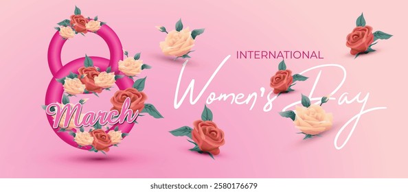 Happy International Women's Day March 8 Banner Vibrant Floral Design for Celebrating Women and Equality. Colorful Women's Day Wishes Background, Greeting Card, Web, Flyer, 8th March Holiday Concept