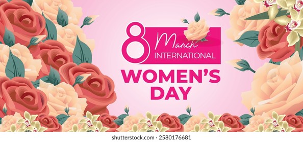 Happy International Women's Day March 8 Banner Vibrant Floral Design for Celebrating Women and Equality. Colorful Women's Day Wishes Background, Greeting Card, Web, Flyer, 8th March Holiday Concept