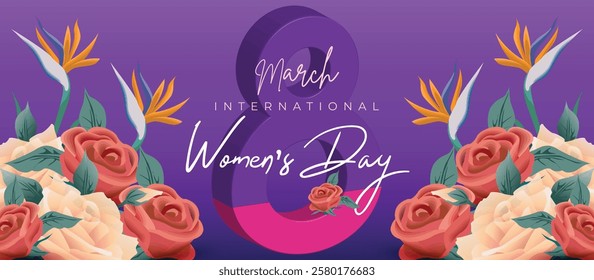 Happy International Women's Day March 8 Banner Vibrant Floral Design for Celebrating Women and Equality. Colorful Women's Day Wishes Background, Greeting Card, Web, Flyer, 8th March Holiday Concept