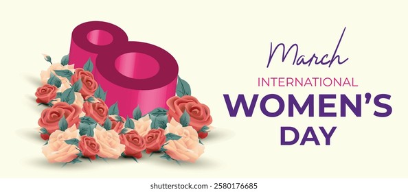 Happy International Women's Day March 8 Banner Vibrant Floral Design for Celebrating Women and Equality. Colorful Women's Day Wishes Background, Greeting Card, Web, Flyer, 8th March Holiday Concept