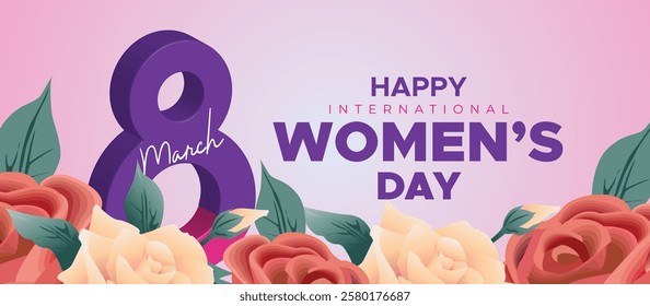 Happy International Women's Day March 8 Banner Vibrant Floral Design for Celebrating Women and Equality. Colorful Women's Day Wishes Background, Greeting Card, Web, Flyer, 8th March Holiday Concept