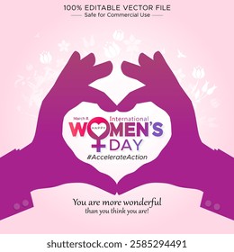 Happy International Womens Day- March 8th, wishes greeting card design. Woman sign symbol hand. Campaign theme for #AccelerateAction 2025