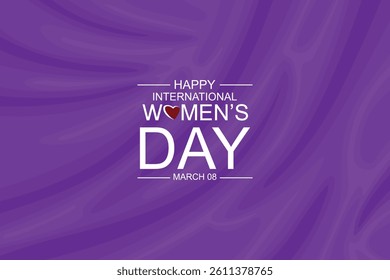 Happy International Women's Day, March 8 text on abstract vector background of luxurious purple fabric or liquid waves
for Internationa celebration, greeting, print and title.