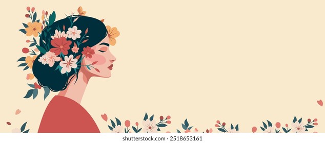 Happy International Women's Day. Happy Mother's Day. Young woman with flowers in her hair on soft pastel beige. Vector holiday card with space for text. Feminism, women empowerment, gender equality