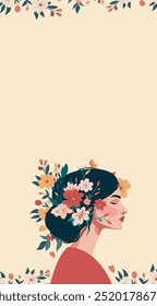 Happy International Women's Day. Happy Mother's Day. Woman with flowers in her hair on a gentle pastel beige background. Vector vertical festive banner with space for text. Feminism concept