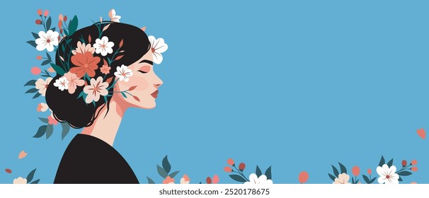 Feliz Dia Internacional da Mulher. Feliz Dia das Mães. Jovem mulher com flores no cabelo em um fundo azul suave. Cartão de feriado vetorial com espaço para texto