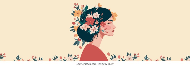 Happy International Women's Day. Happy Mother's Day. Woman with flowers in her hair on a gentle pastel beige background. Vector holiday card with space for text. Feminism concept, women empowerment