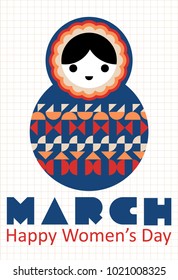 Happy International Women's Day on 8 March. Female Doll in the shape of 8, face in black and white. Editable Vectors in case you wish to change the colours. 