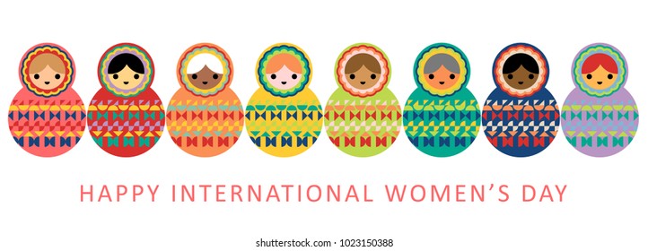 Happy International Women's Day on 8 March. A banner of a group of 8 multi-ethnic and multi-racial women of different ages and cultures, represented in the shape of 8. Celebrate and empower women.