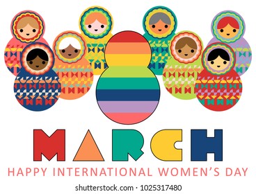 Happy International Women's Day on 8 March. Landscape poster with a big group of women, multi-ethnic, multi-racial, young and old, in the figure of 8. Rainbow colors. Vector or Jpeg