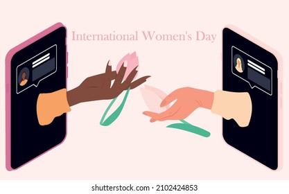 Happy International Women's Day on March 8. Two young women with different skin are holding tulip flowers. Vector illustration