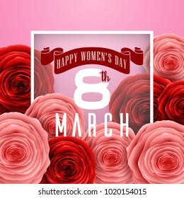 Happy International Women's Day with paper cut roses flower and square frame on pink background