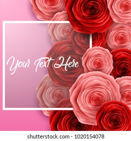 Happy International Women's Day with paper cut roses flower and square frame on pink background