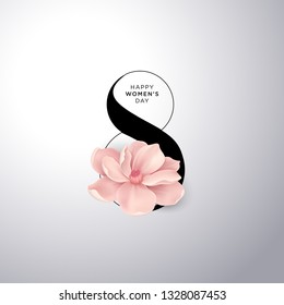 Happy International Womens Day sale background with fantasy flowers, leaves, font greeting text. Corner composition, design. Vector illustration