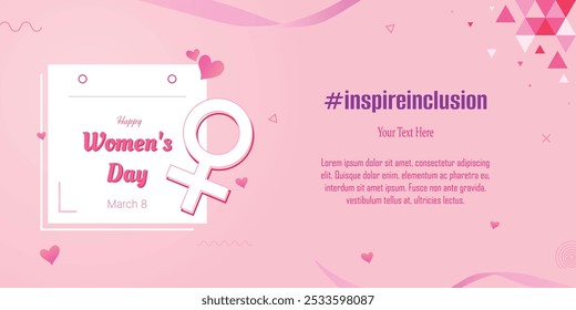 Feliz día internacional de la mujer, Asistencia femenina para obtener la igualdad de derechos humanos, Anuncio de la campaña de empoderamiento de las mujeres, Texto de tipografía caligráfica con forma de corazón sobre fondo rosa, espacio de copia para texto