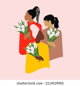 Happy International Women's Day. Three modern women of different nationalities and religions in the style of flat design hold tulips in their hands. Pink tender spring poster with people. Vector.