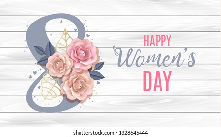Happy International Women's Day Vector Banner, flyer for March 8 decorating by paper roses and hand drawn lettering in woodden background. Congratulations holiday card for letter, brochure, postcard