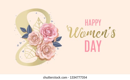 Happy International Women's Day Vector Banner, flyer for March 8 decorating by paper roses and hand drawn lettering. Congratulating and wishing happy holiday card for newsletter, brochures, postcards