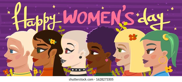 Happy International Womens Day vector illustration. Horizontal greeting card with faces of beautiful women.