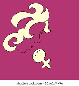 Happy International Women's Day. Vector templates for card, poster, flyer. Beautiful blonde speaker, singer face contour with a microphone.