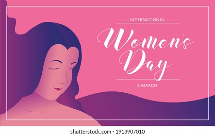 Happy international women's day vector illustration concept, beautiful girl illustration from side view. Horizontal banner. can use for greeting card, poster, landing page, banner, flyer.