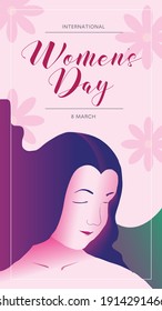 Happy international women's day vector illustration concept, beautiful girl and flower illustration from side view. Vertical banner. can use for greeting card, poster, landing page, banner, flyer.