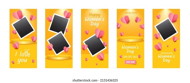 Happy International Women's Day! Vector Banner Set. Red, Pink Hearts On Yellow Background. Vintage Photo Frames. 8 March Greeting Cards. Insta Story Banners. Phone Stories, Wallpapers Design Template.
