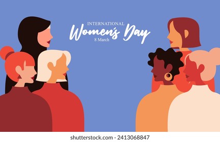 Feliz Día Internacional de la Mujer. Ilustración vectorial de mujeres con diferentes culturas