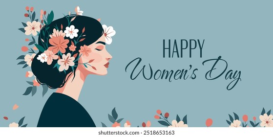 Happy International Women's Day. Vector holiday card on March 8. Young woman in flowers with text Happy International Women's Day on a soft blue background. Women empowerment, gender equality